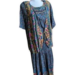 Carole Little Maxi Dress Short Sleeve Apron Vest Tie Back Women 12 L Rayon Boho